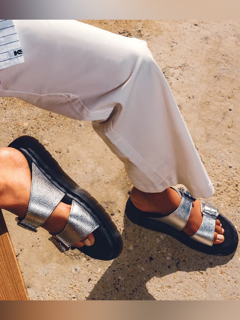 Dr. Martens Josef Metallic Silver Leather Buckle Strap Slip On Slide Sandals